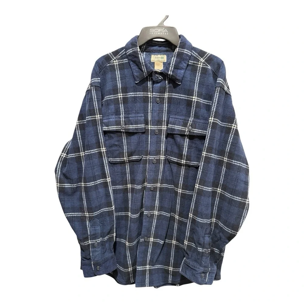 LL Bean Shirt Jacket Men Large Blue Plaid Fleece Lined Shacket 273074